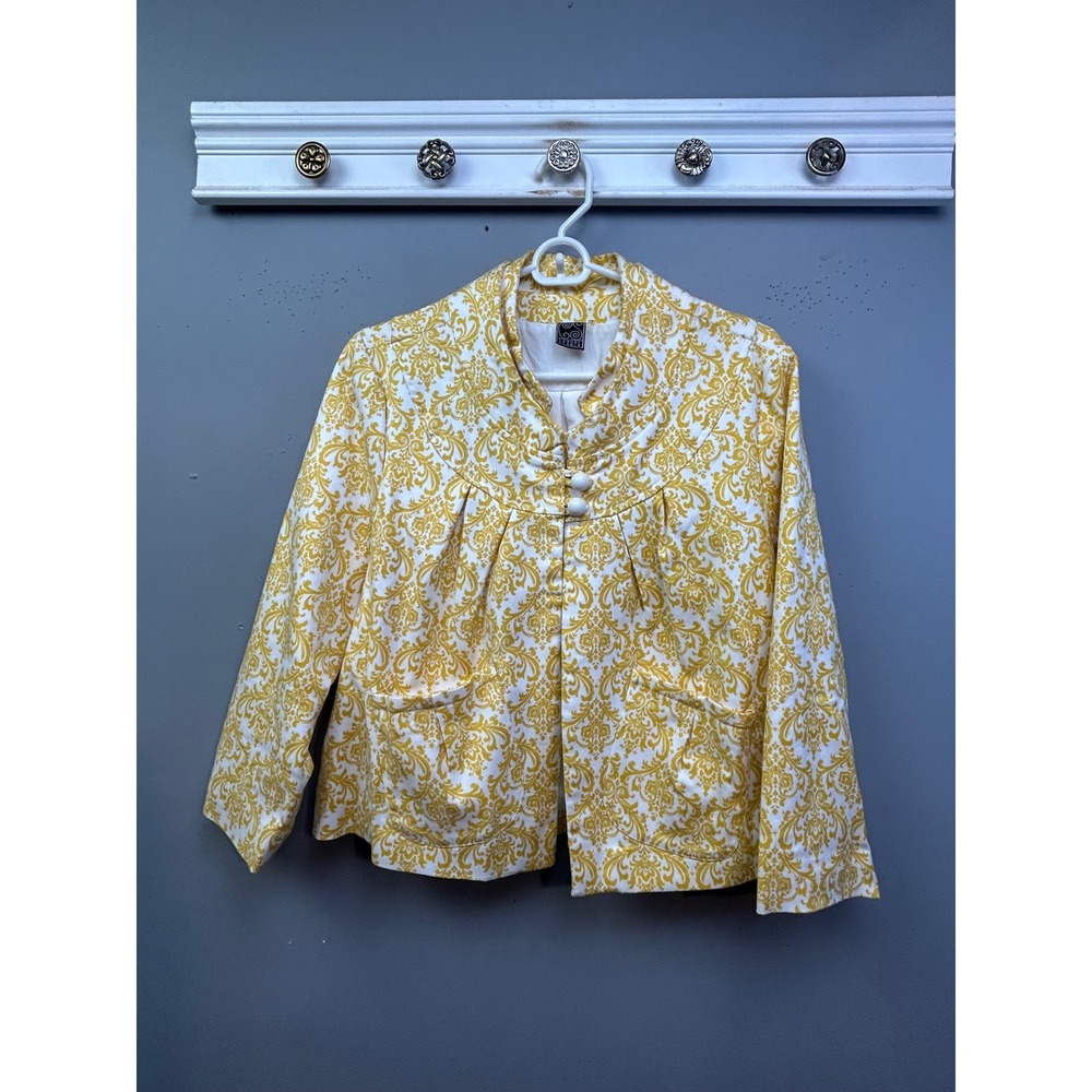 Casual‎ Studio Jacket Womens L Yellow White Damask Print Cropped Swing Button